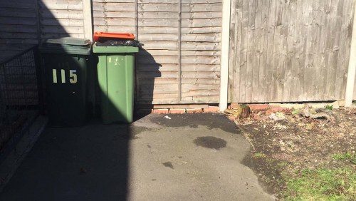 The image shows a small outdoor area adjacent to a wooden fence, featuring two wheeled wheelie bins placed on a paved surface. One bin is dark green with the number 115 in yellow, and the other is a similar green, positioned slightly behind the first. The area appears to be part of a residential or commercial property in Osterley, indicated by the context of rubbish removal services offered by Commercial Waste Removal Osterley. The surface surrounding the bins is concrete, with some darker stains or patches visible on the pavement. On the right, the ground transitions into a patch of soil with sparse grass and a few small weeds growing near the wooden fence panel. The background includes the vertical wooden slats of the fence, which are weathered, and the overall scene is lit evenly, with natural daylight casting slight shadows on the pavement. This setup exemplifies common rubbish collection storage areas in urban and suburban environments utilized by waste management services for safe bin placement and collection.