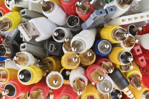 A close-up view of a pile of various discarded electronic components and accessories, including multiple plastic power plugs, adapters, and connectors in white, black, grey, yellow, red, and blue. The components are stacked and scattered, displaying different shapes such as rectangular, cylindrical, and rounded, with some showing metal prongs and others featuring plastic casings with textured finishes. The background shows a concrete surface, suggesting an outdoor or waste collection environment. The image appears to relate to waste disposal or recycling of electronic waste, consistent with rubbish removal services in Osterley, London, and the surrounding areas. The overall scene depicts an assortment of electronic waste ready for collection or recycling by Commercial Waste Removal Osterley.